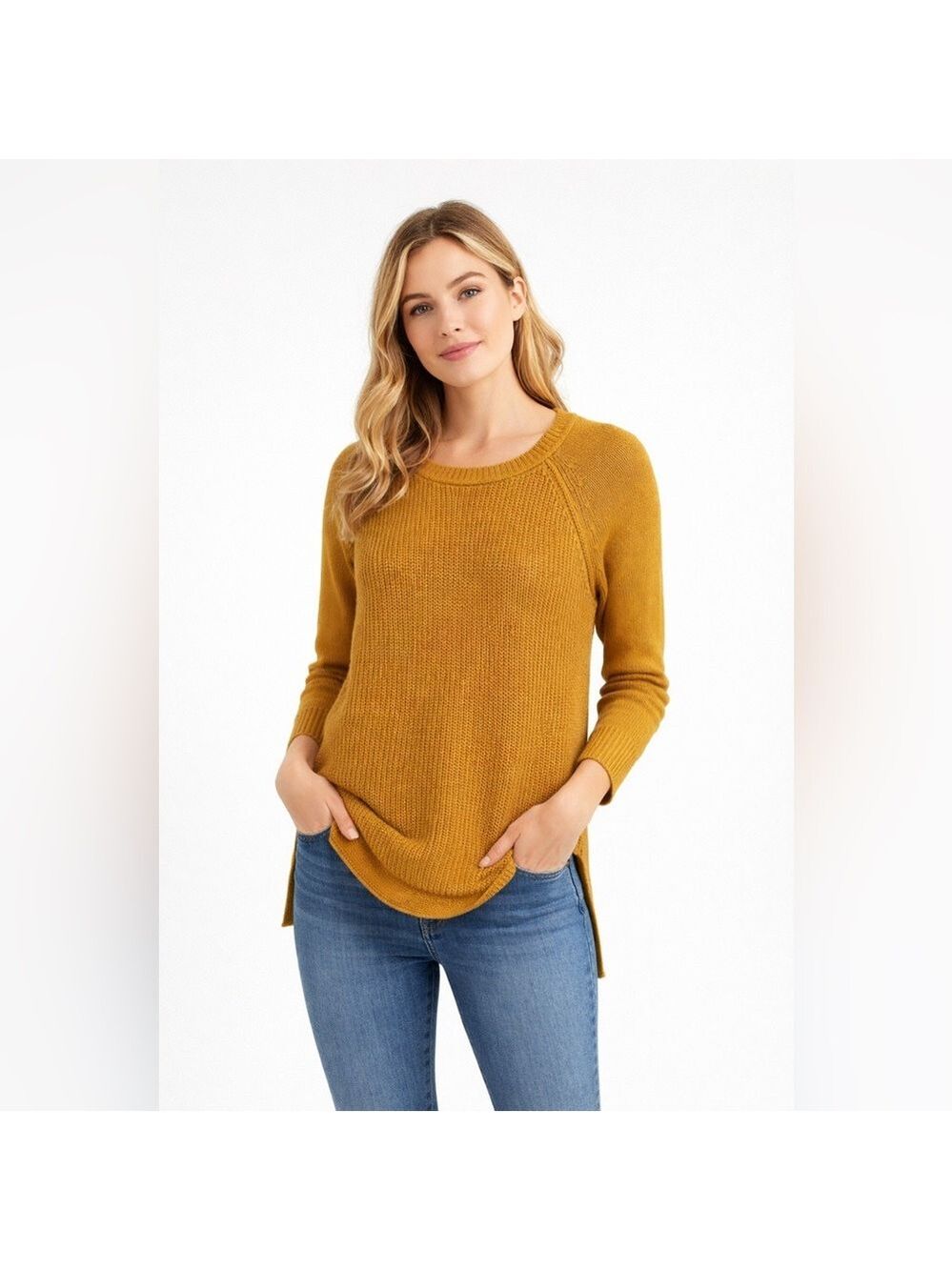 RD Style Waffle Knit Round Neck Sweater Women XS Mustard Yellow